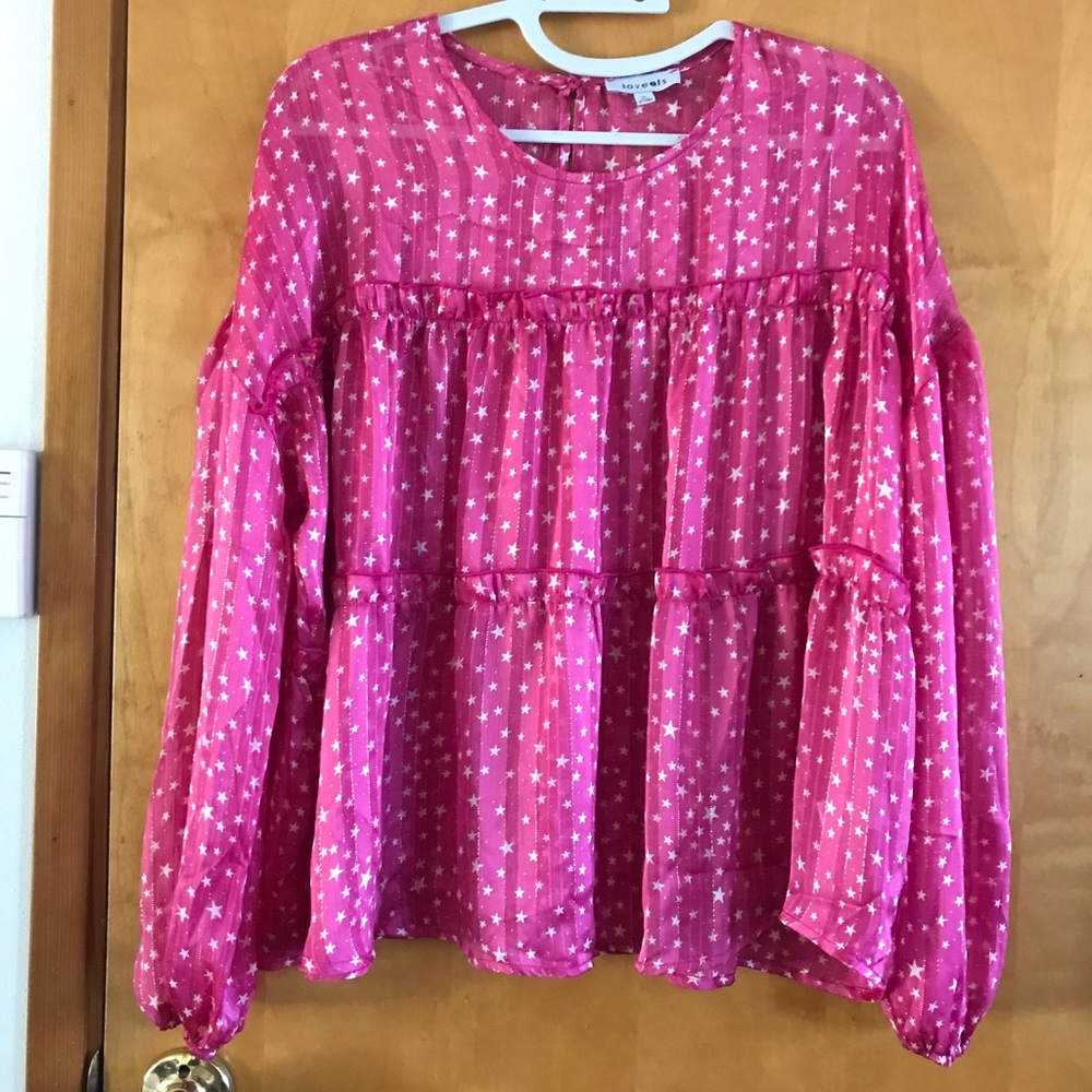 Love@fs Pink Star Print Tiered Long-Sleeve Top